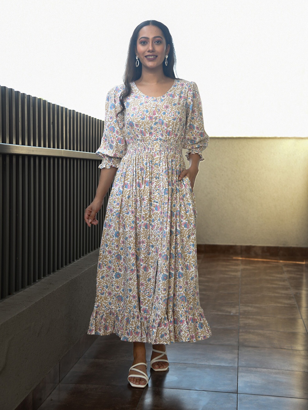 

Mulmul Floral Printed Fit & Flare Maxi Cotton Dress, Off white