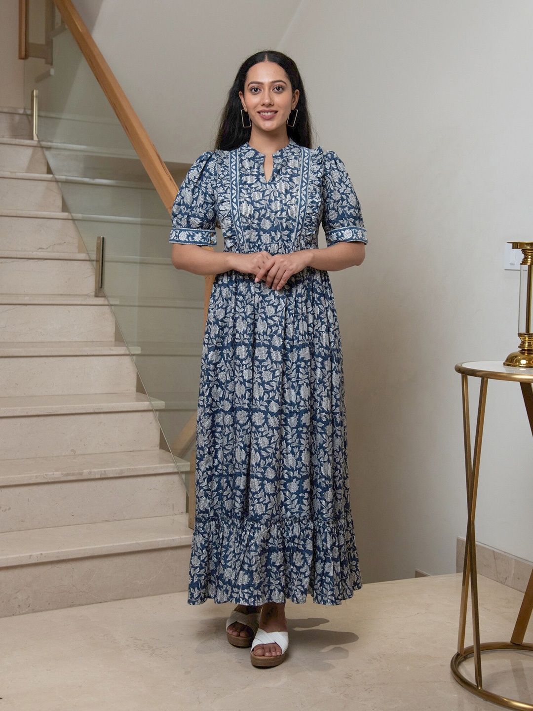 

Mulmul Floral Printed Mandarin Collar Cotton Maxi Dress, Navy blue