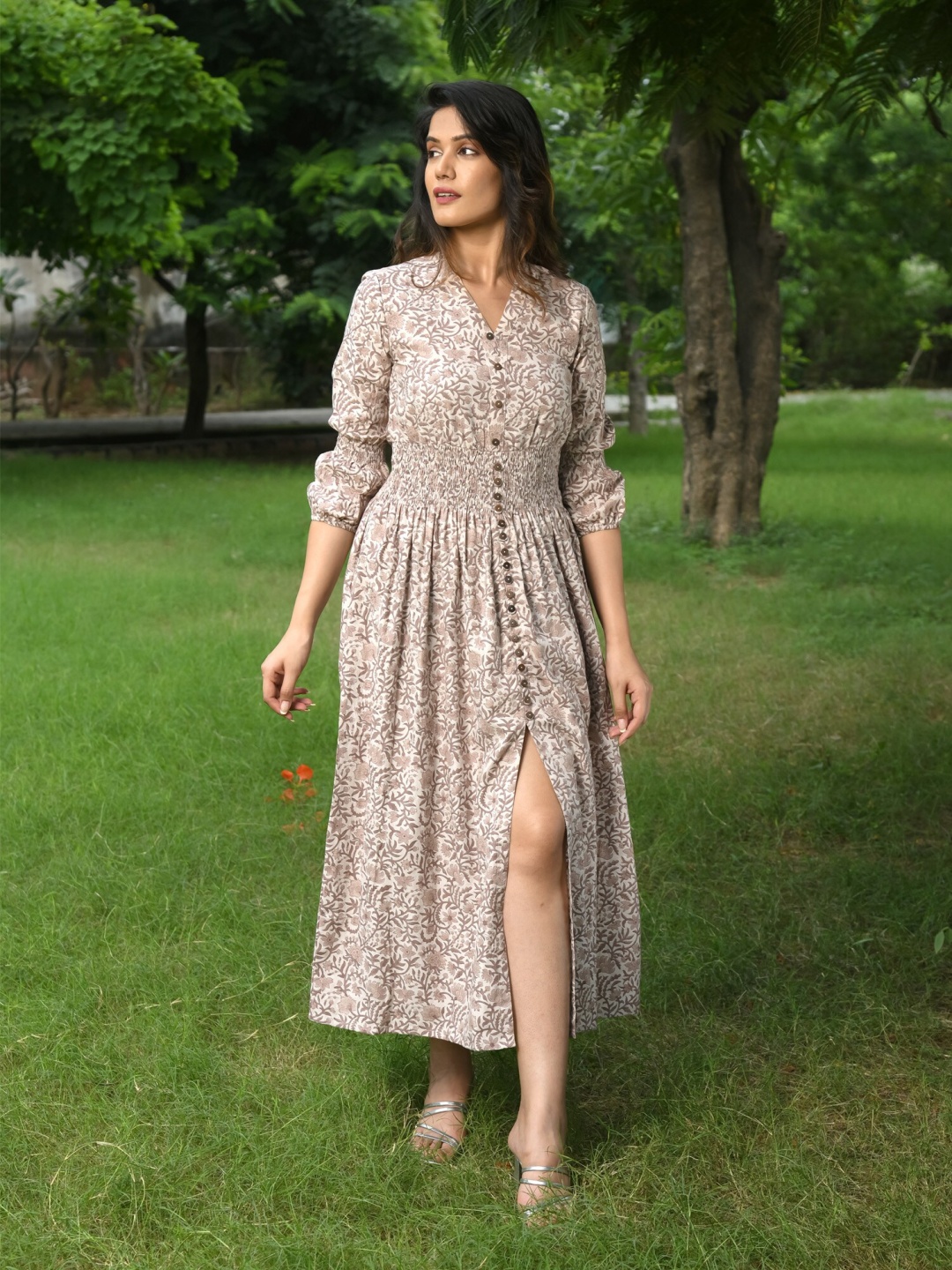 

Mulmul Floral Printed V-Neck Fit & Flare Cotton Midi Dress, Brown