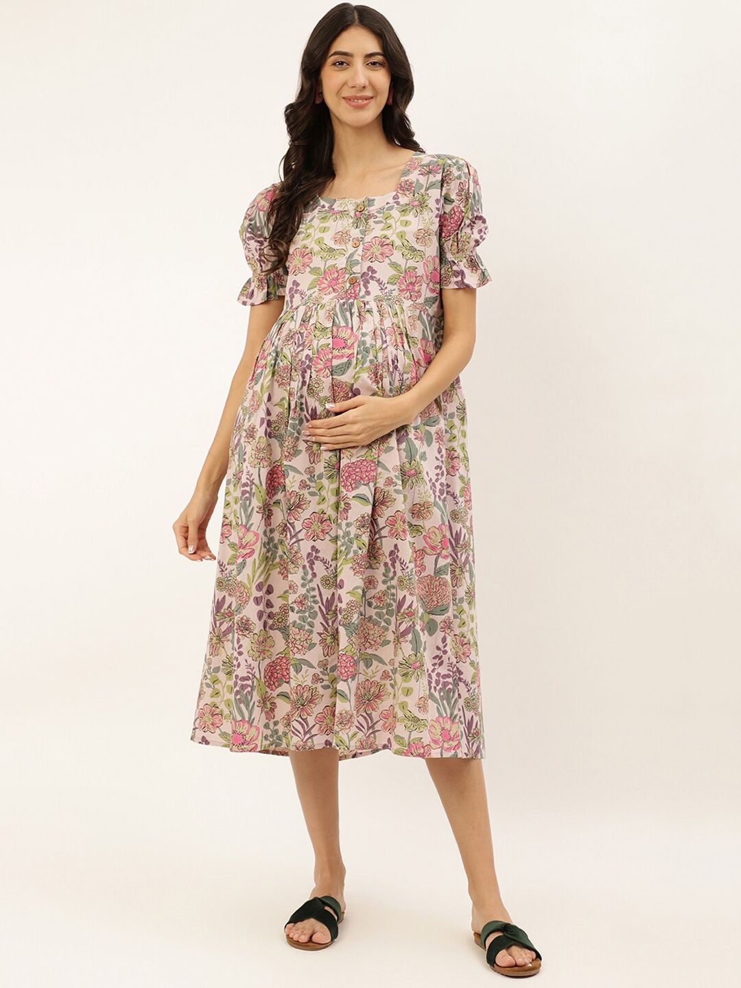 

Negen Floral Printed Square Neck Cotton A-Line Maternity Midi Dress, Off white