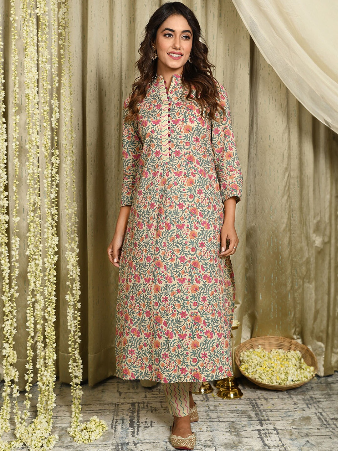 

Mulmul Floral Printed Sequinned Pure Cotton Kurta with Trousers, Beige