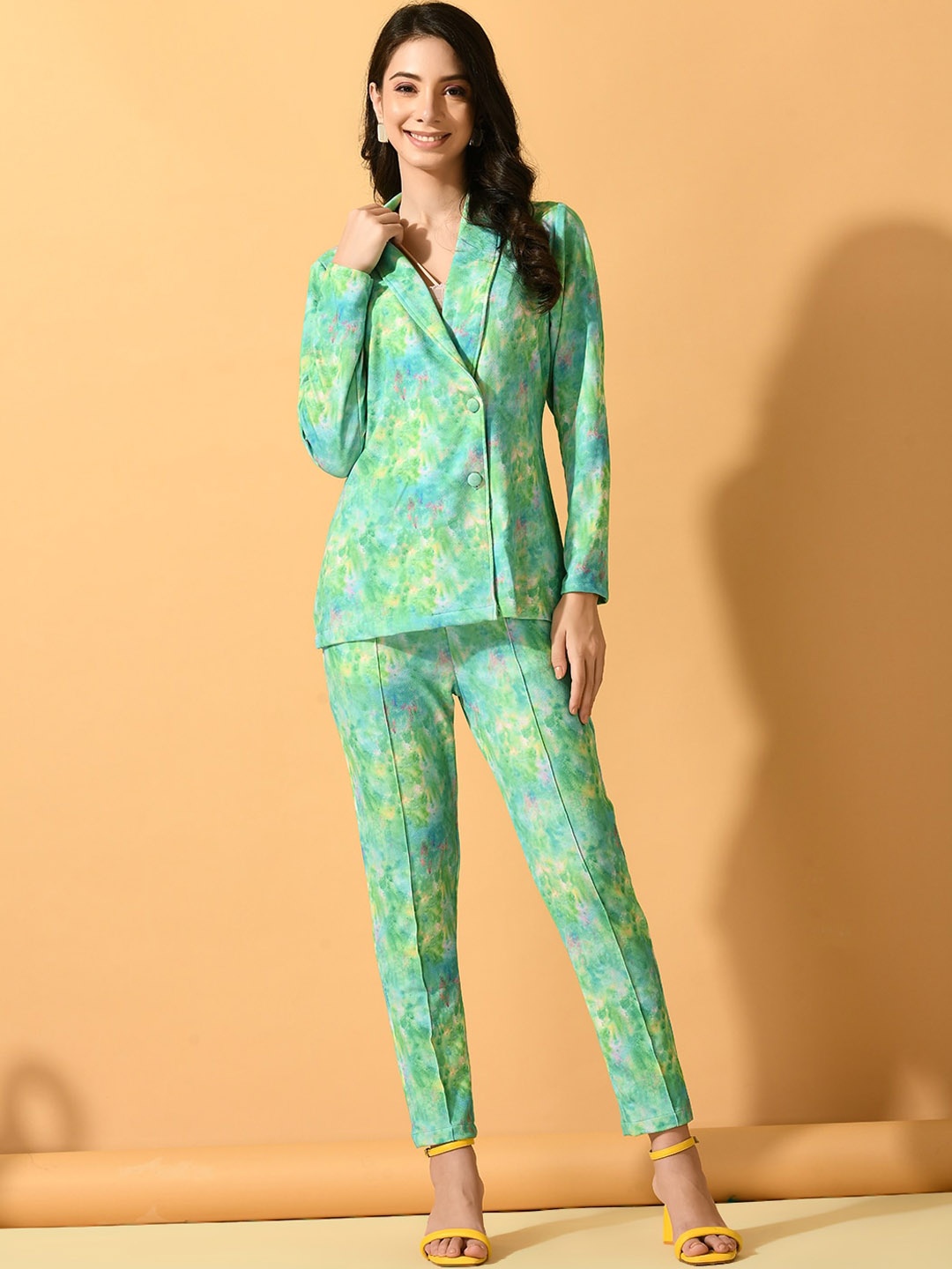 

DressBerry Tie And Dye Dyed Shawl Collar Single Breasted Blazer, Green