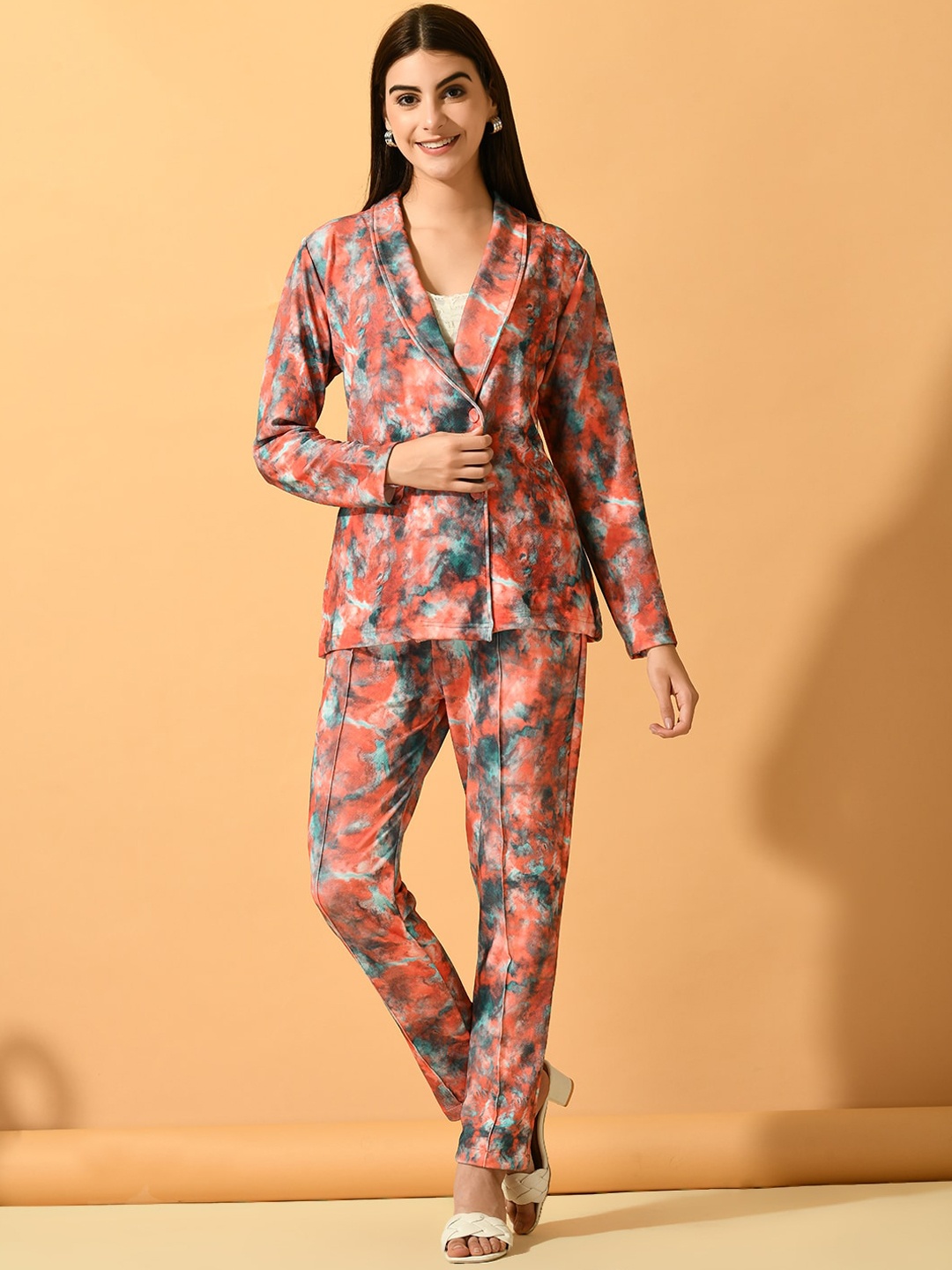 DressBerry Tie and Dye Dyed Lightweight Shawl Collar Tailored Jacket, Rust