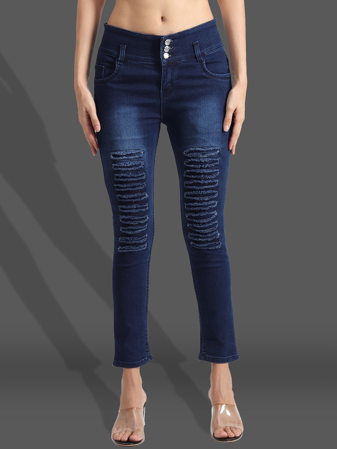 

A-Okay Women Slim Fit Mid-Rise Mildly Distressed Light Fade Embellished Stretchable Jeans, Navy blue