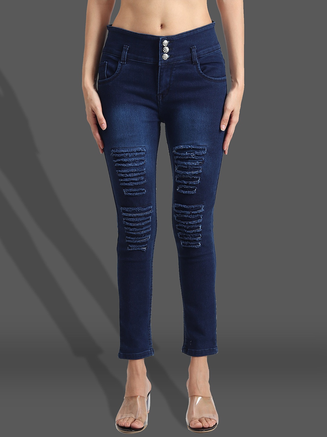 

A-Okay Women Slim Fit Mid-Rise Mildly Distressed Light Fade Embellished Stretchable Jeans, Navy blue