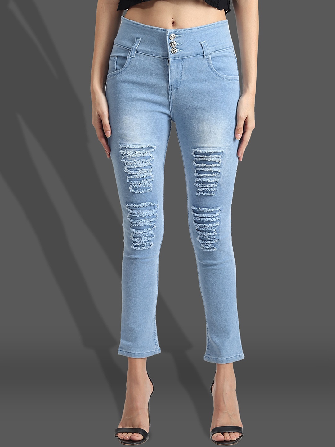 

A-Okay Women Slim Fit Mid-Rise Mildly Distressed Light Fade Embellished Stretchable Jeans, Turquoise blue