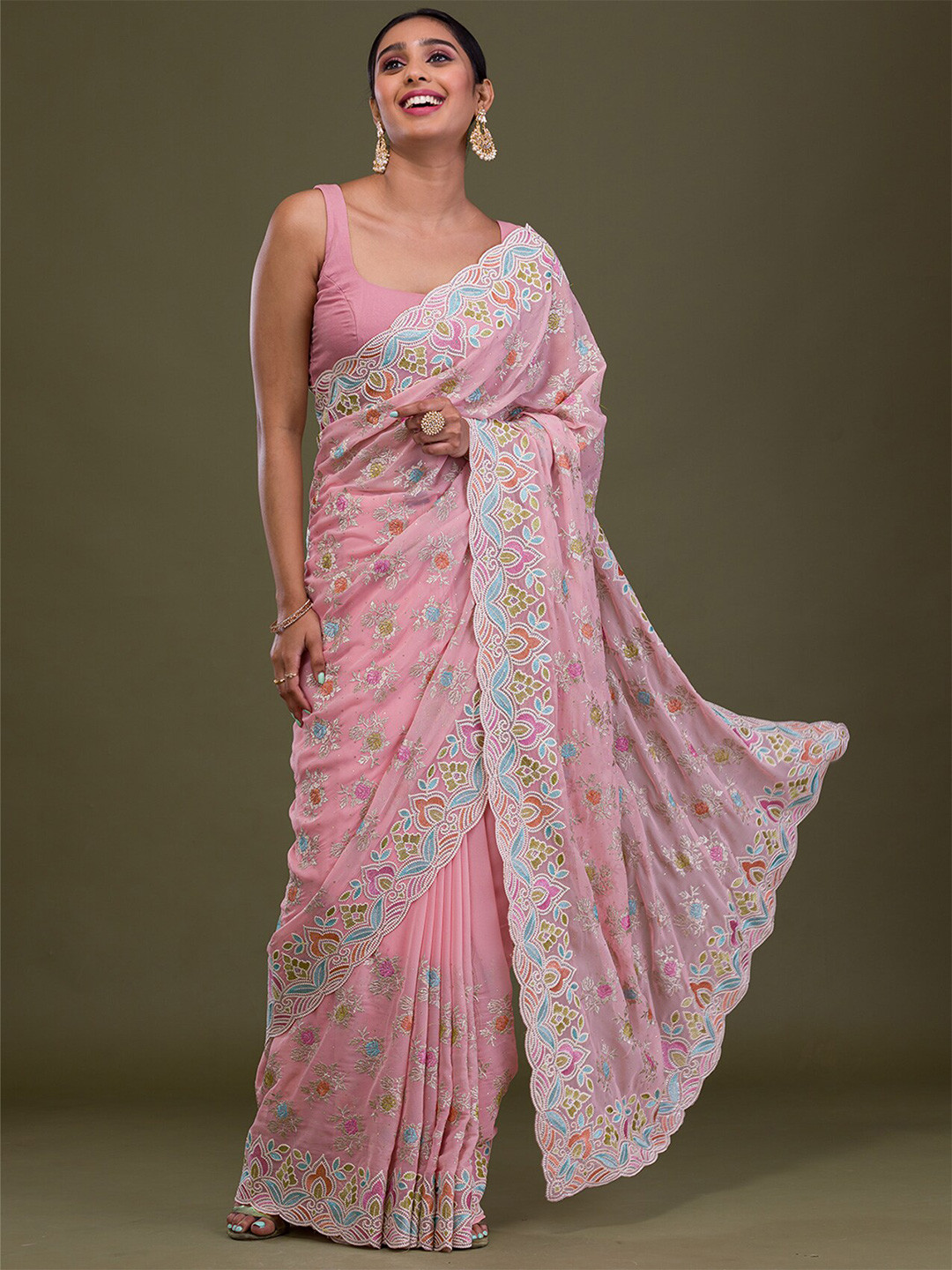 

Koskii Floral Embroidered Beads and Stones Saree, Pink