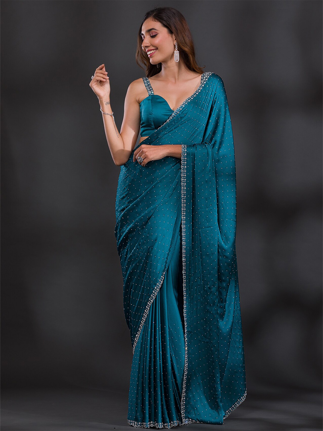 

Koskii Embellished Beads and Stones Satin Saree, Turquoise blue