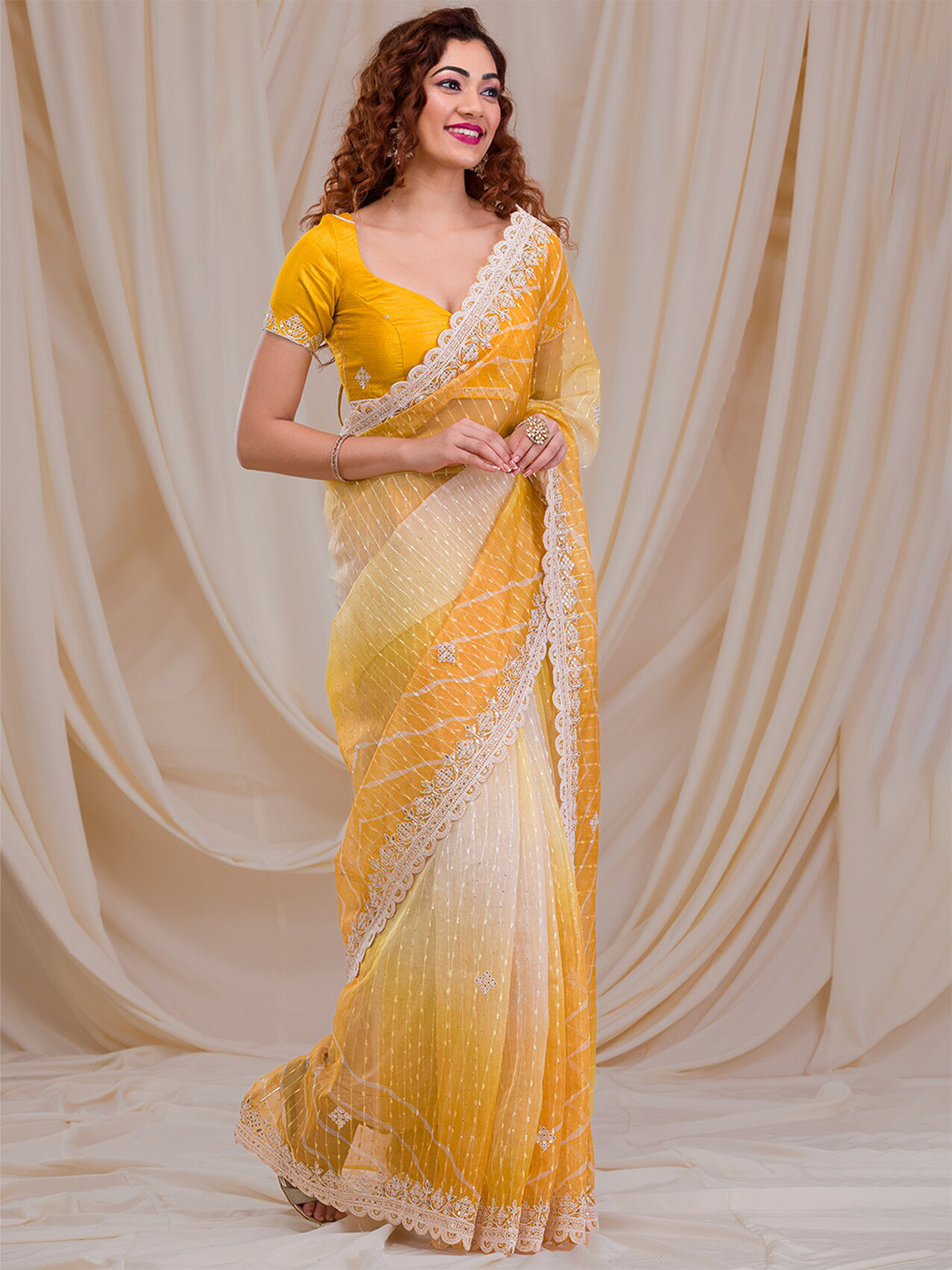 

Koskii Embellished Sequinned Supernet Saree, Yellow