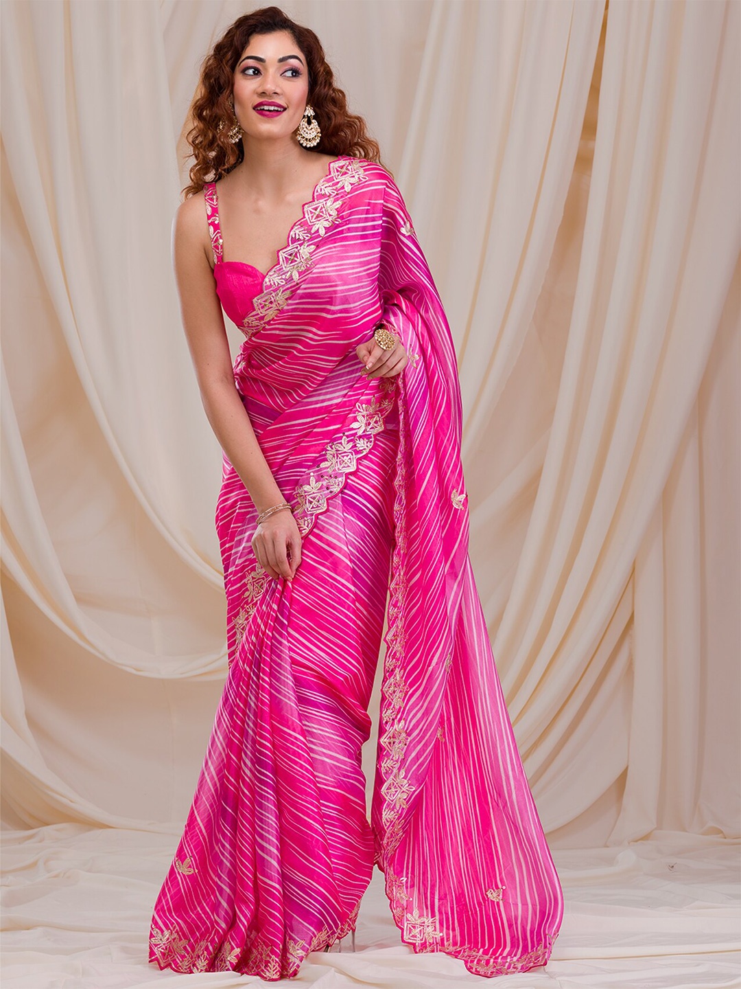 

Koskii Striped Embroidered Saree, Pink