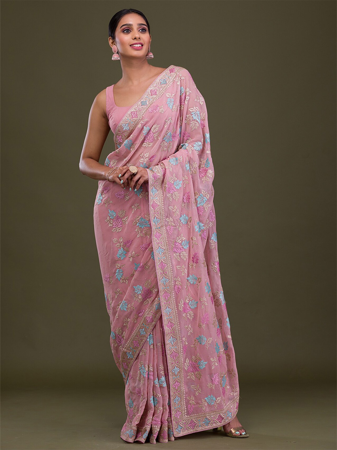 Koskii Floral Embroidered Saree, Pink