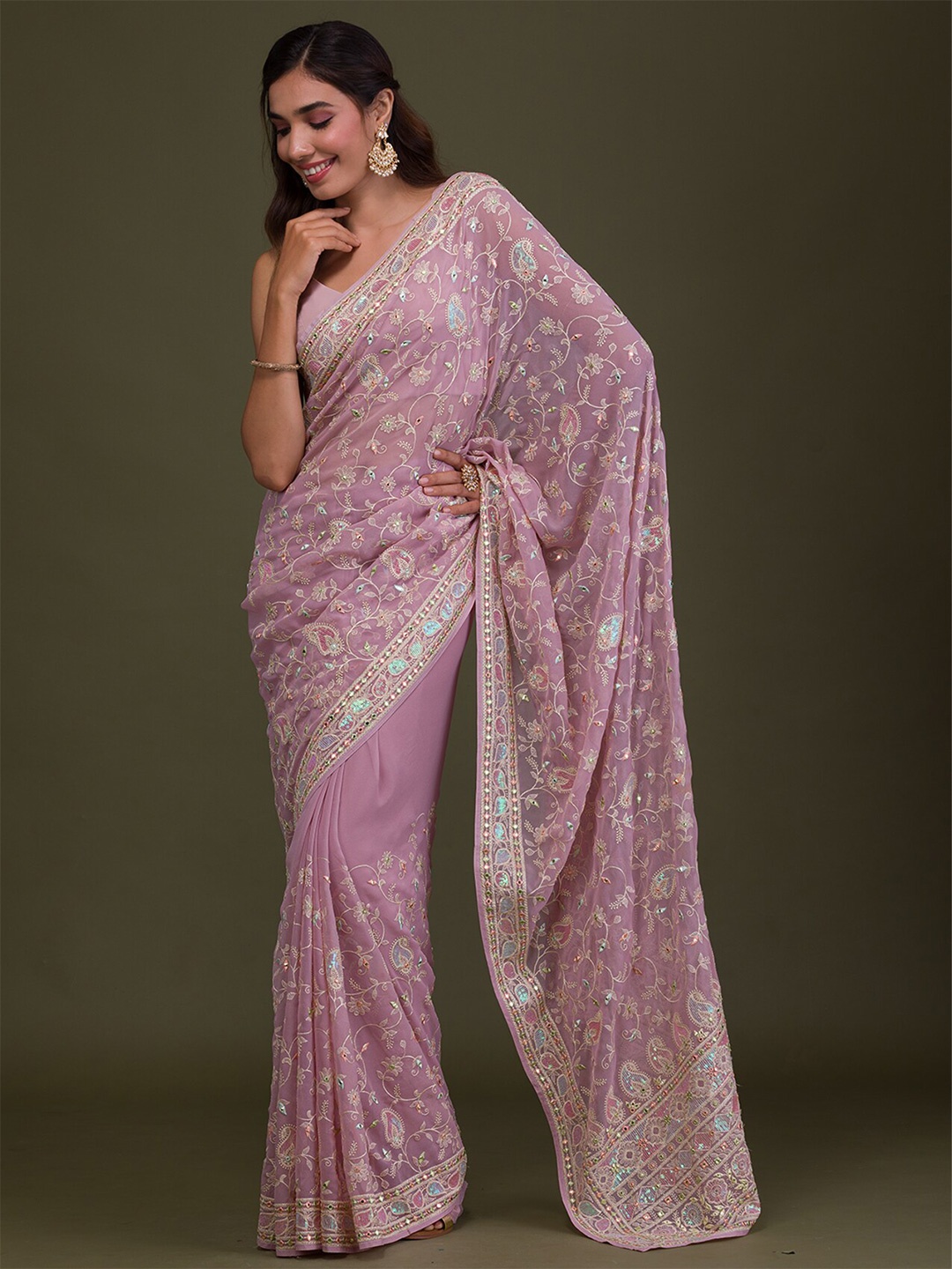 

Koskii Paisley Embroidered Saree, Lavender