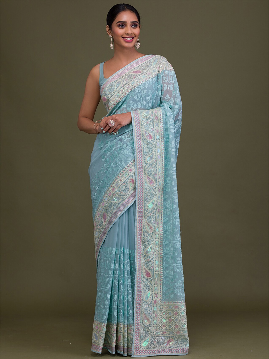 

Koskii Floral Embroidered Sequinned Saree, Blue