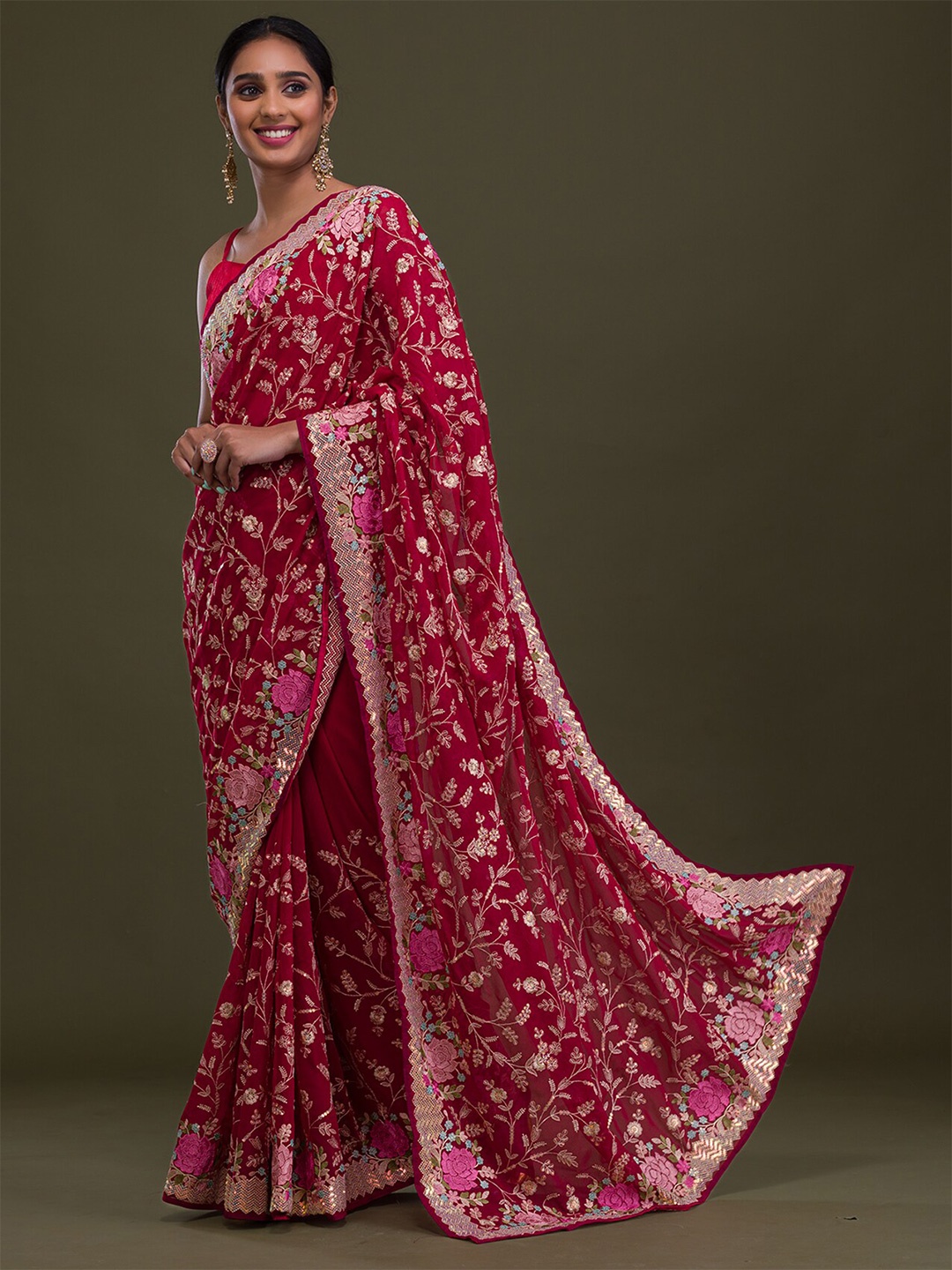 

Koskii Floral Embroidered Festive Saree, Pink