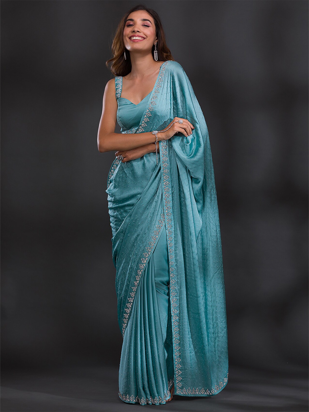 

Koskii Embellished Beads and Stones Satin Saree, Blue