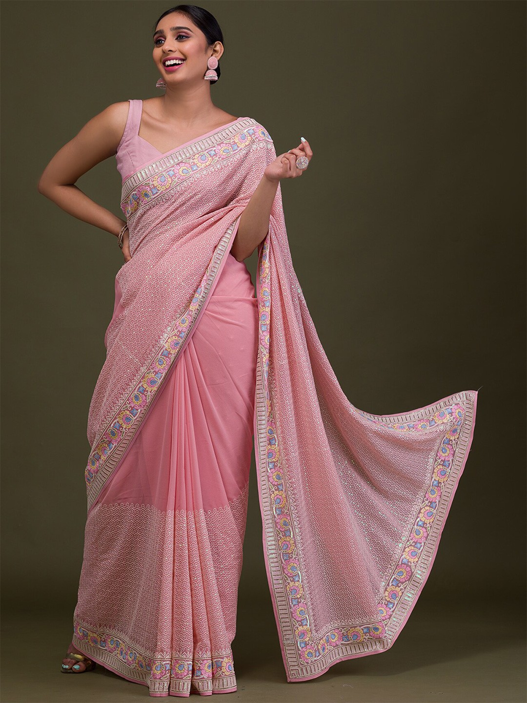 

Koskii Embellished Embroidered Saree, Peach