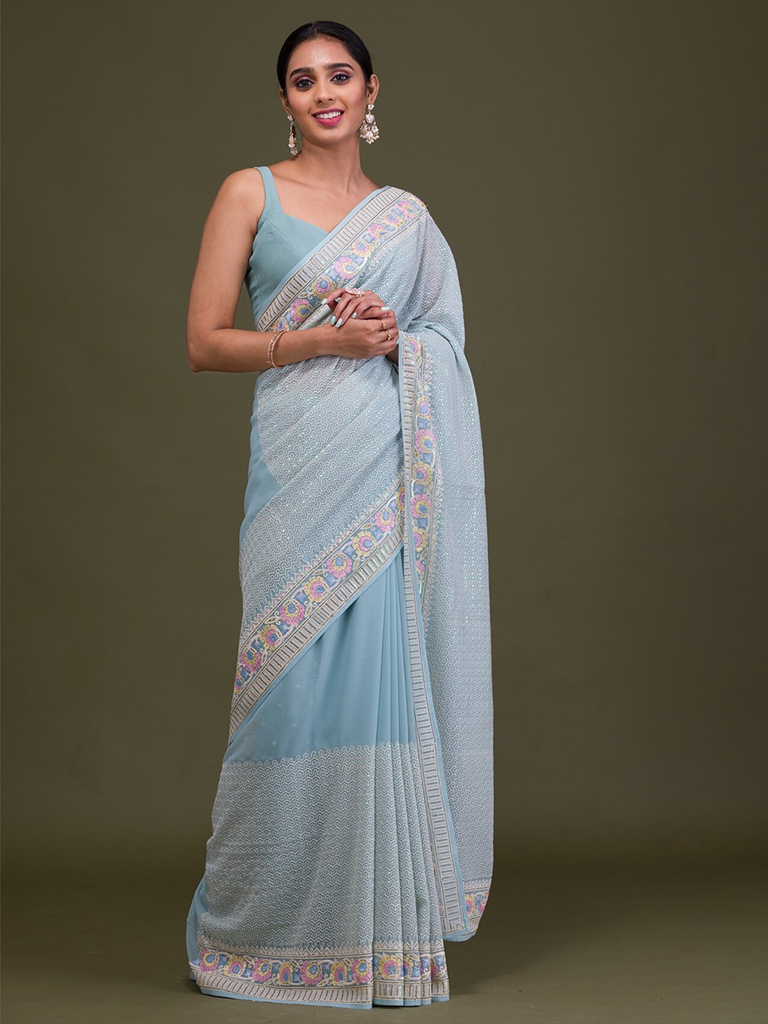 

Koskii Geometric Embroidered Sequinned Saree, Blue