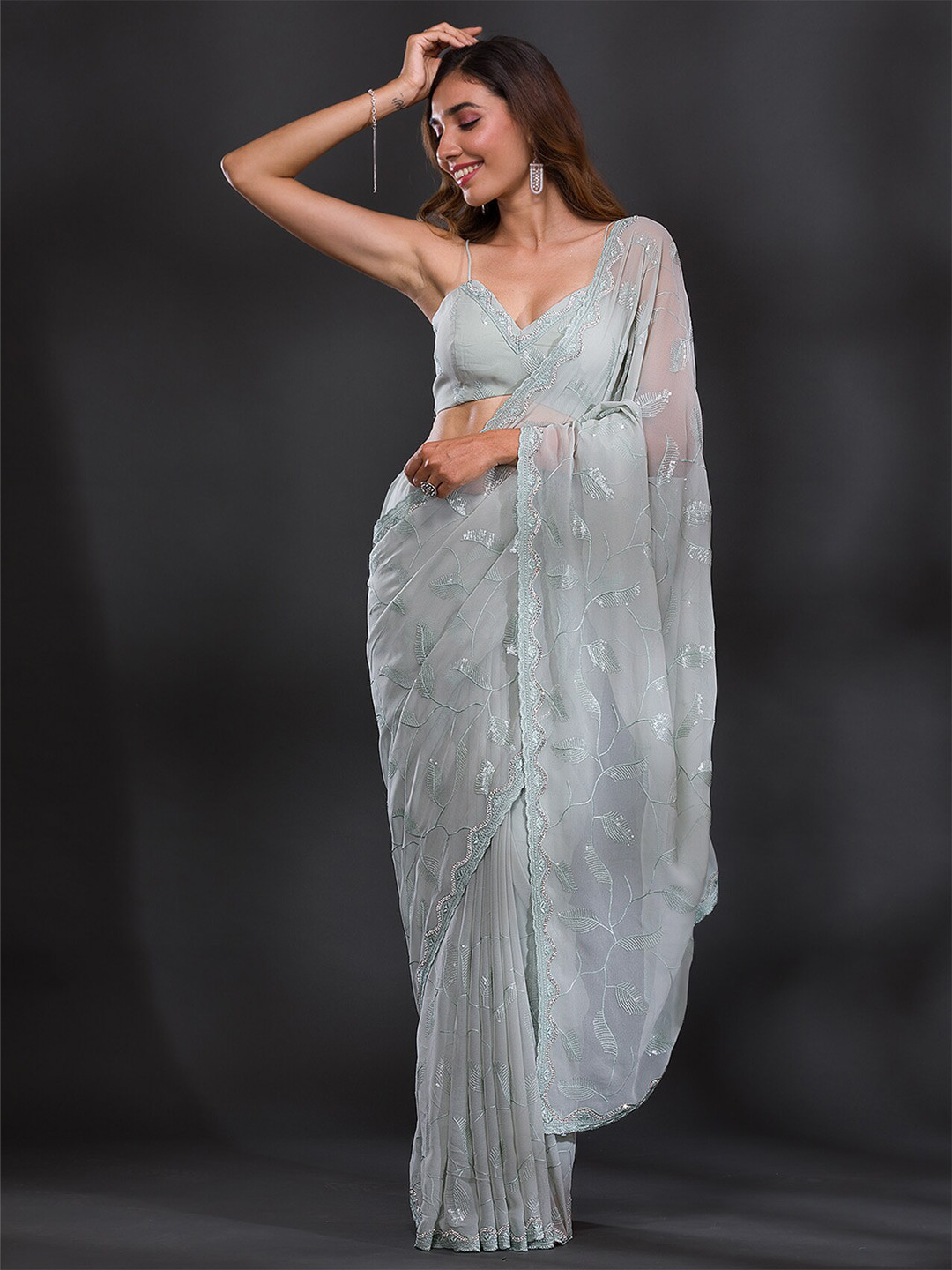 

Koskii Embellished Sequinned Saree, Green