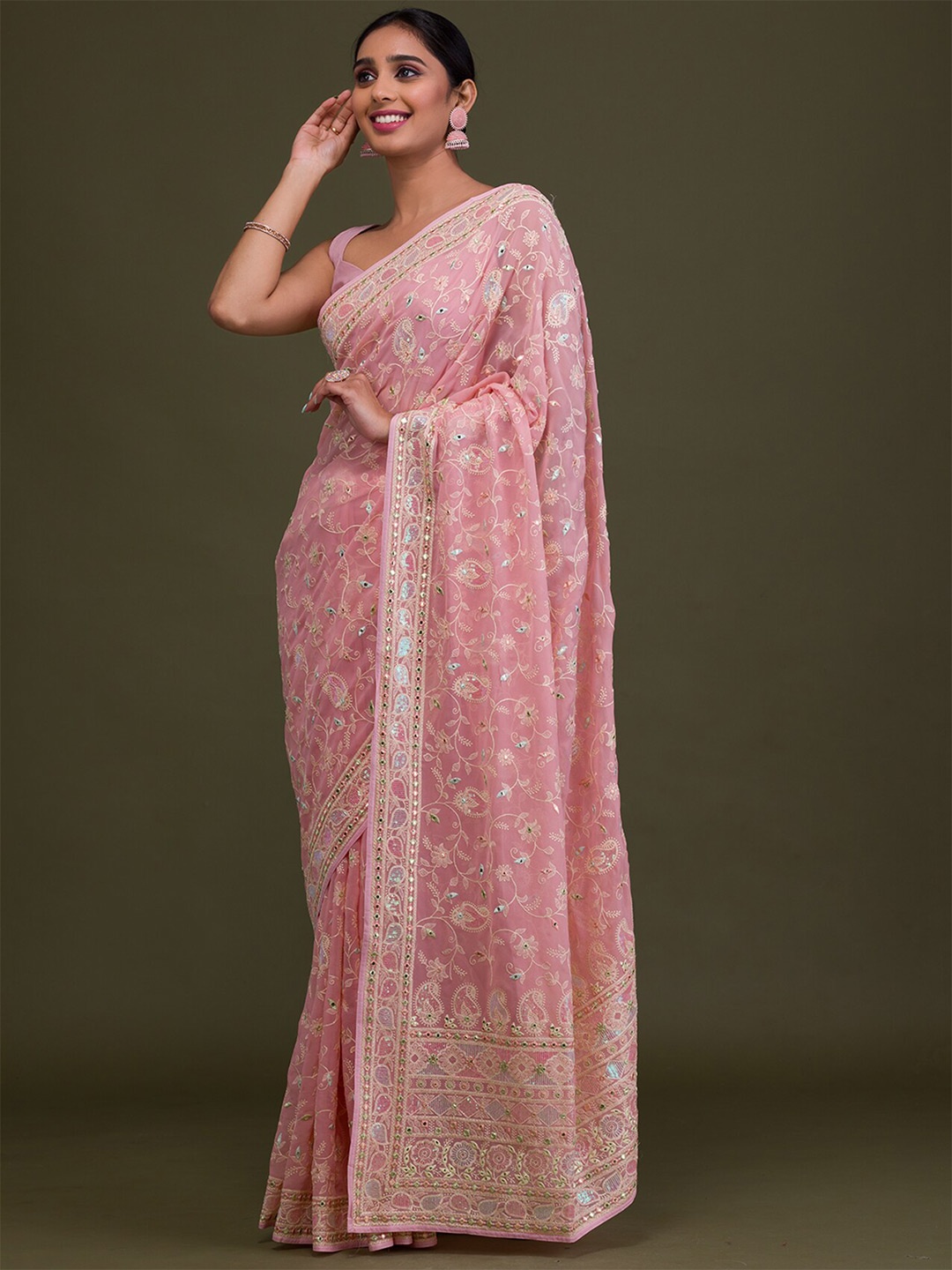 

Koskii Paisley Embroidered Sequinned Saree, Peach