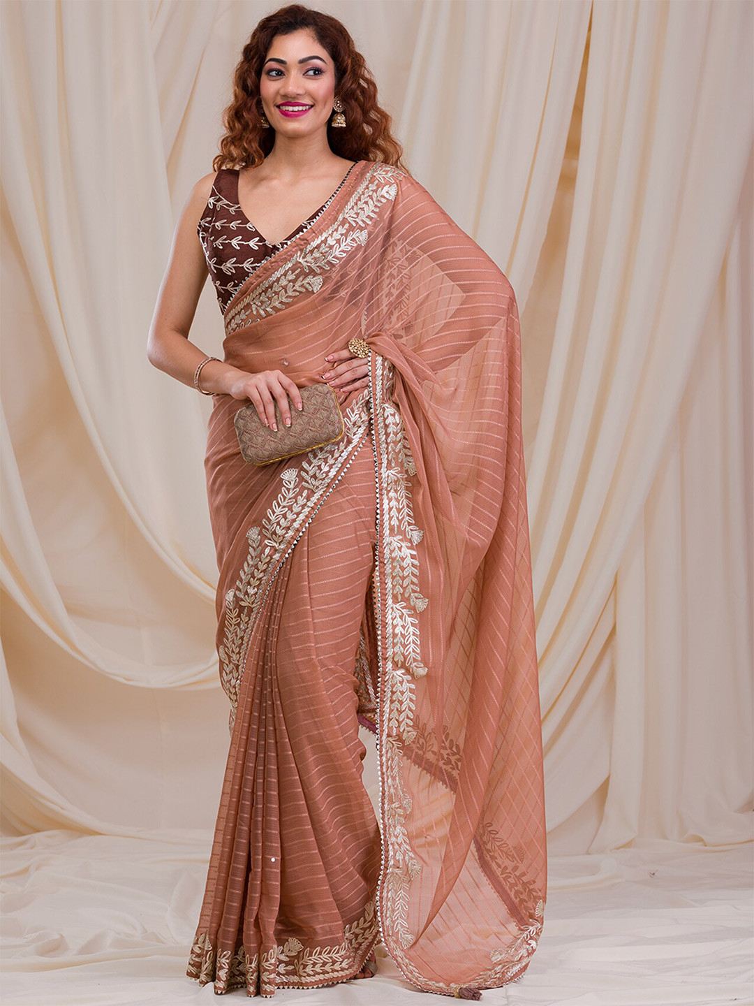 

Koskii Striped Embroidered Saree, Peach
