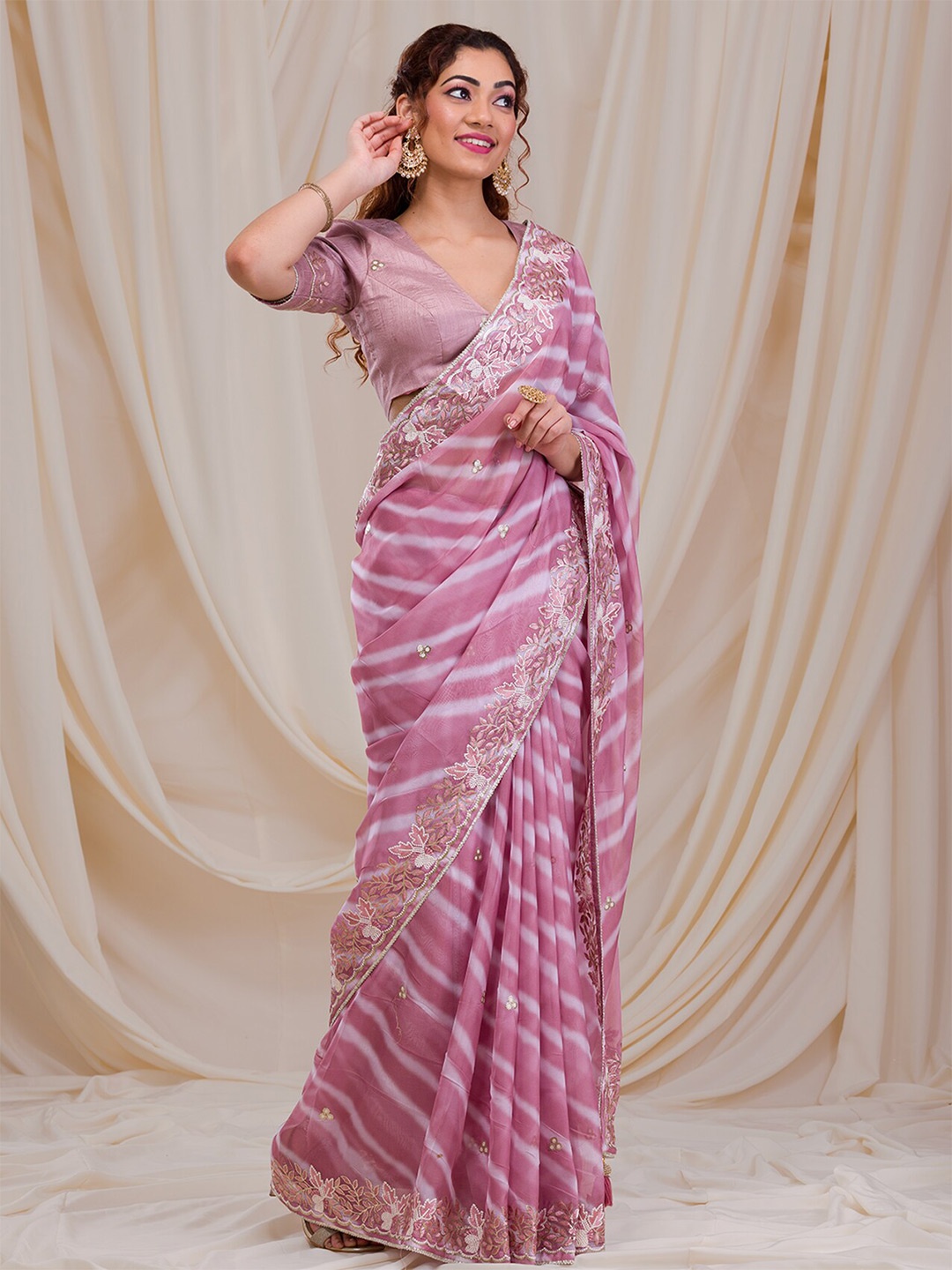 

Koskii Striped Embroidered Saree, Pink