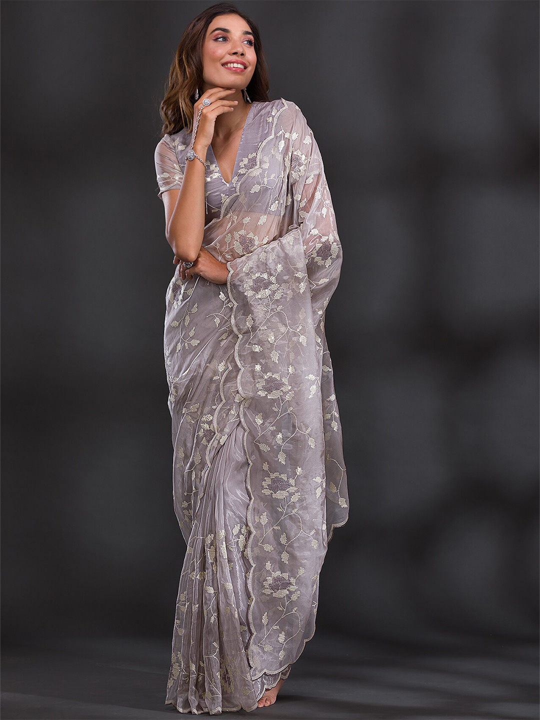 

Koskii Floral Embroidered Sequinned Tissue Saree, Grey