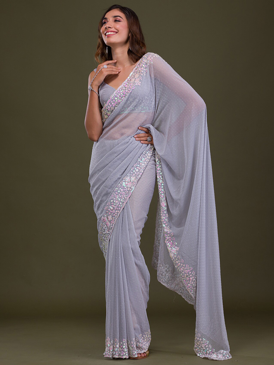 

Koskii Embellished Sequined Poly Georgette Saree, Grey