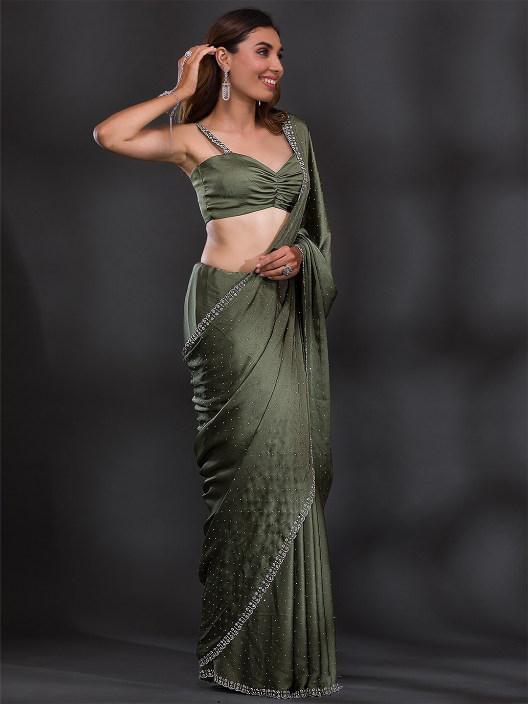 

Koskii Embellished Beads and Stones Satin Saree, Green