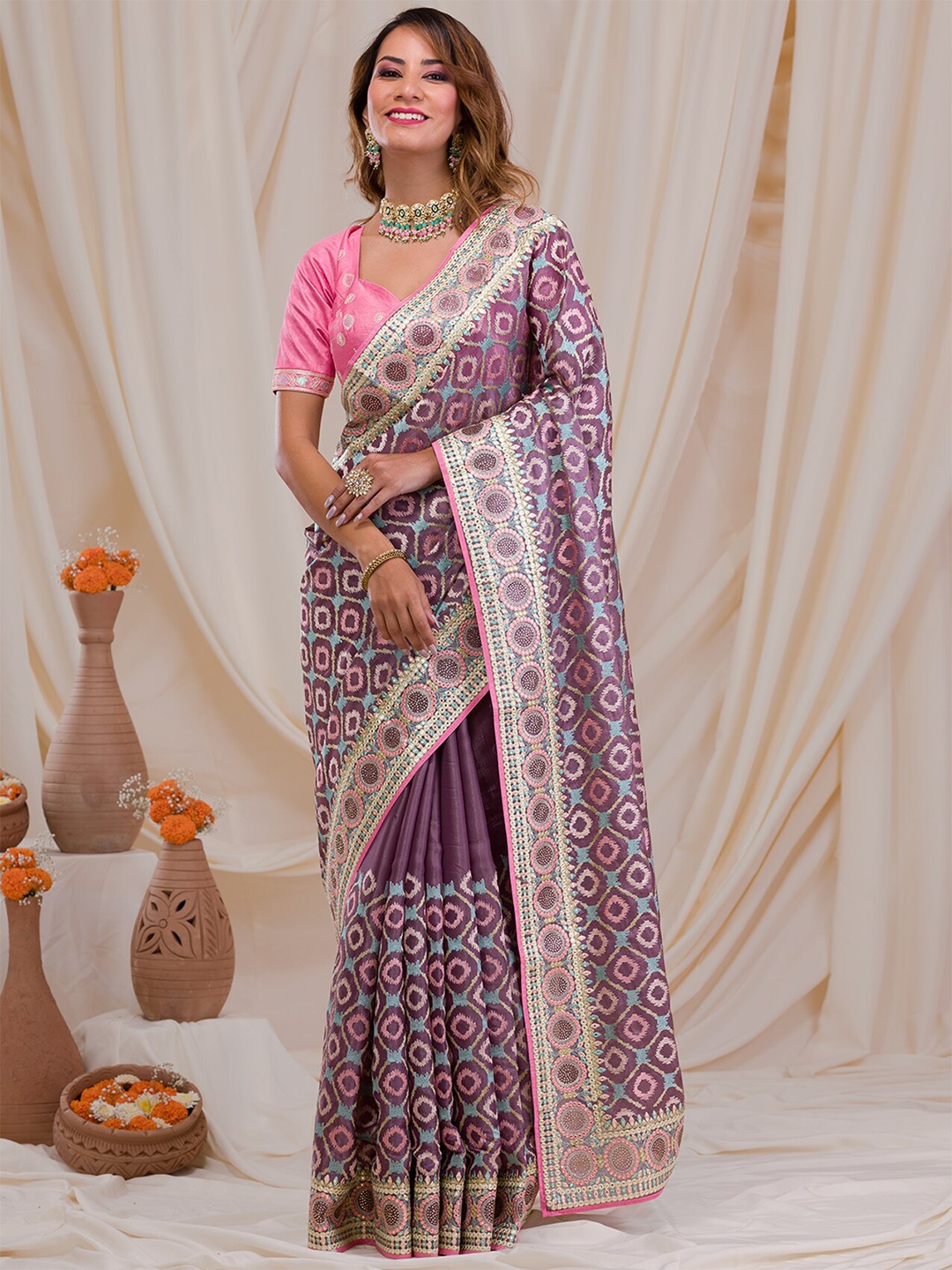

Koskii Geometric Embroidered Beads and Stones Saree, Purple