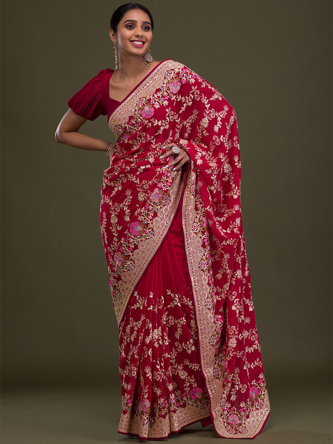 

Koskii Floral Embroidered Sequinned Saree, Red