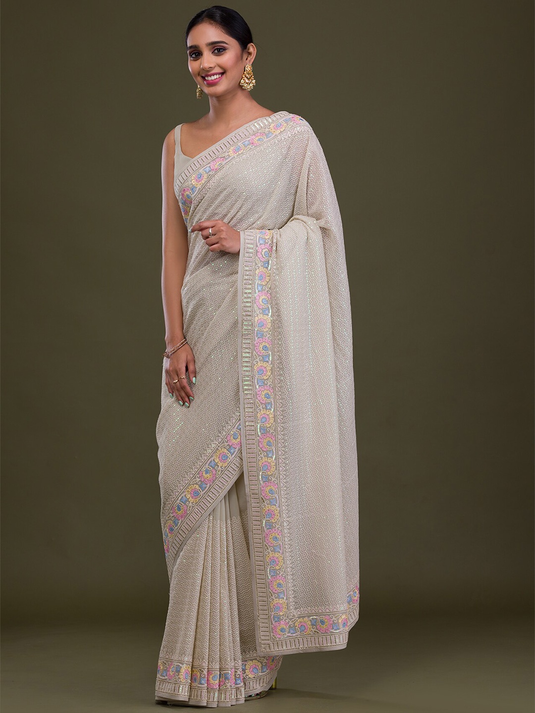 

Koskii Embellished Sequinned Saree, Beige