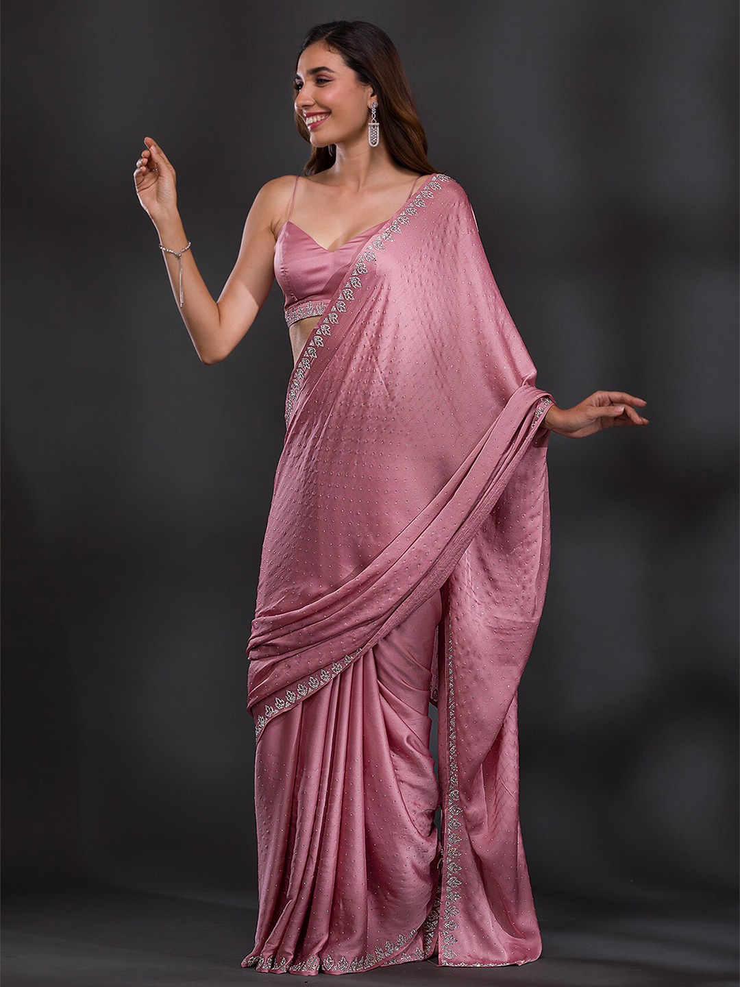 

Koskii Embellished Beads And Stones Satin Saree, Pink