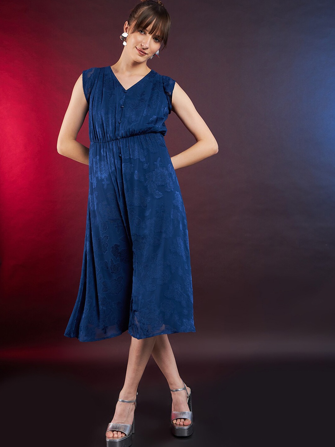 

DressBerry Blue Self Design Jacquard A-Line Midi Dress