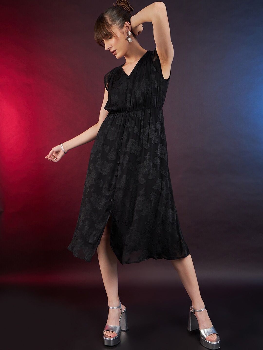 

DressBerry Black Self Design Jacquard A-Line Midi Dress