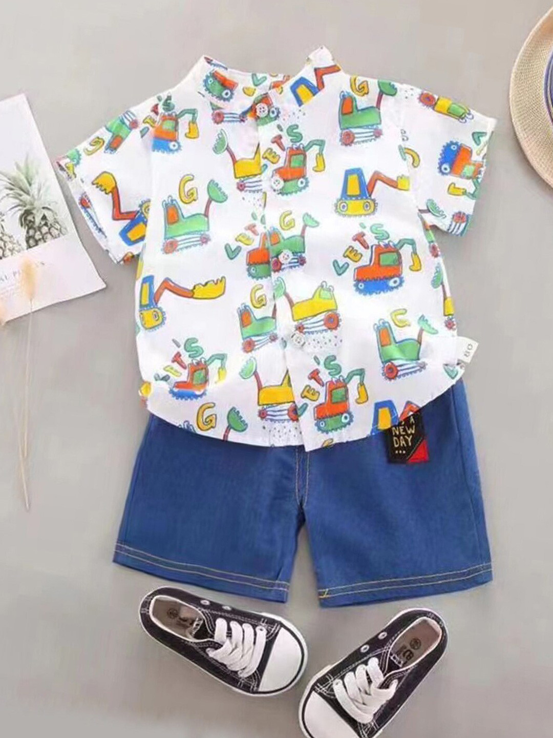 

Bold N Elegant Boys Graphic Printed Shirt With Denim Shorts, White