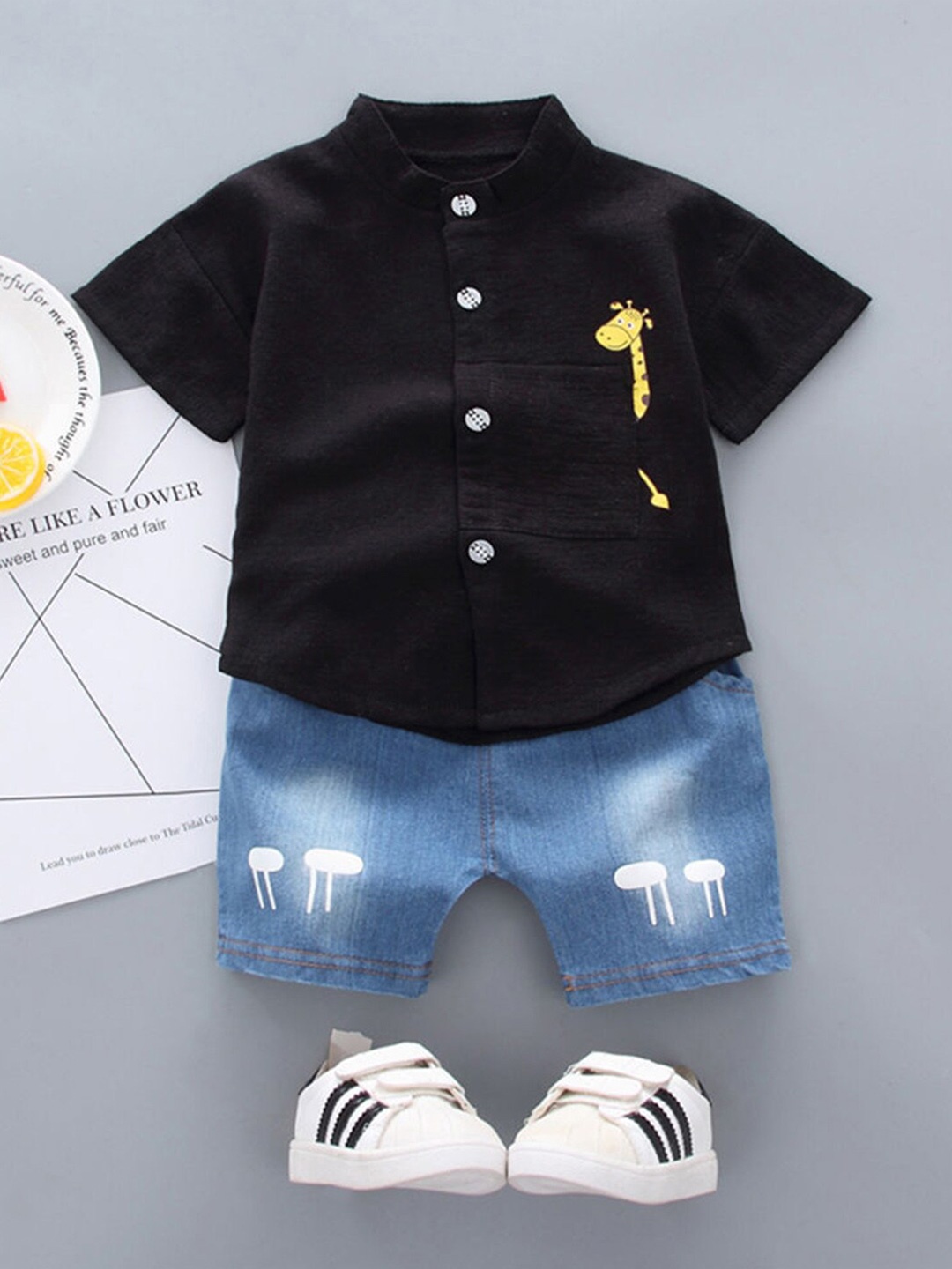 

Bold N Elegant Infant Boys Printed Band Collar Shirt With Shorts, Black