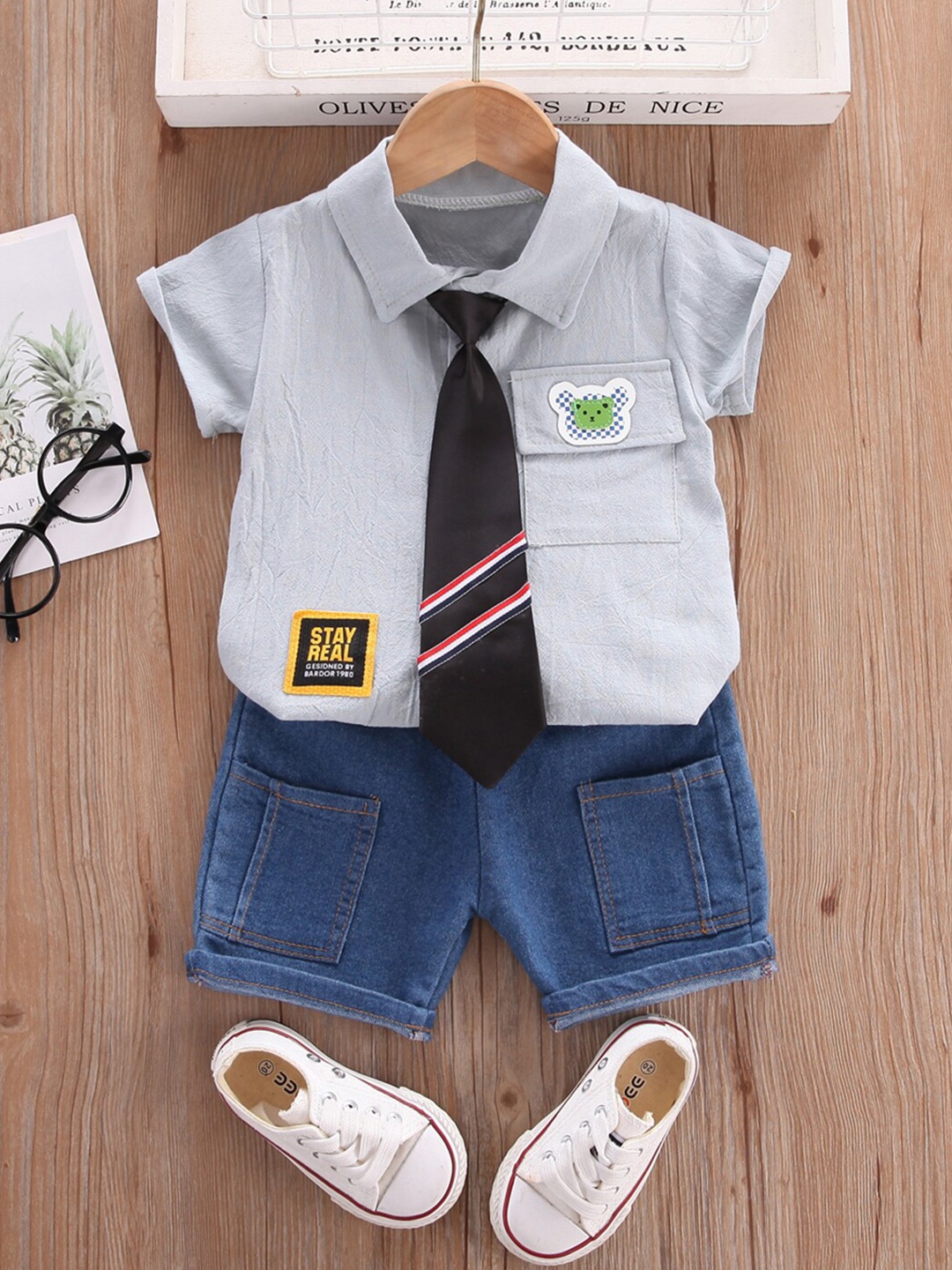 

Bold N Elegant Boys Shirt Collar Shirt & Shorts With Tie, Grey