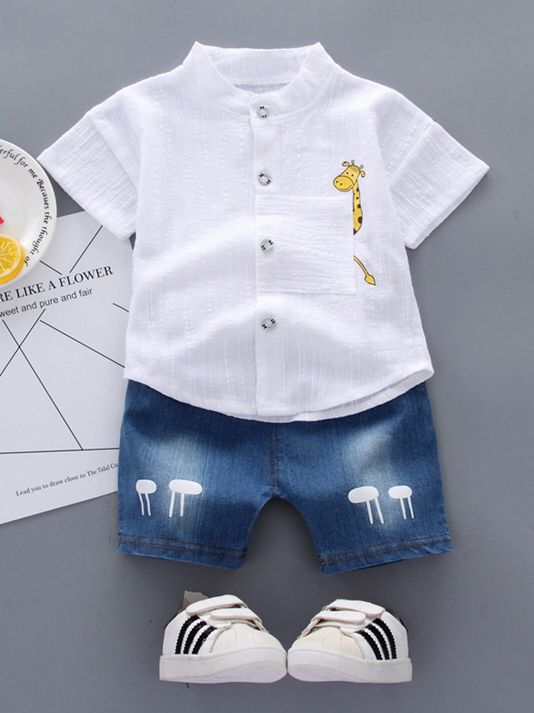 

Bold N Elegant Boys Printed Band Collar Pure Cotton Shirt with Shorts, White