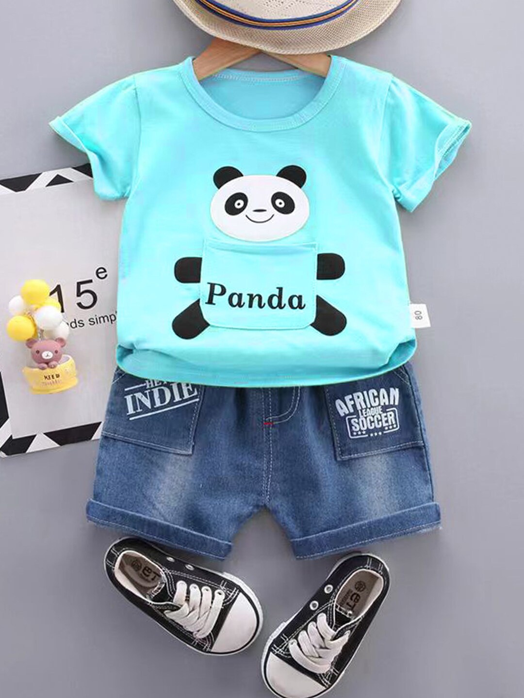 

Bold N Elegant Kids Panda Printed T-shirt with Shorts, Turquoise blue