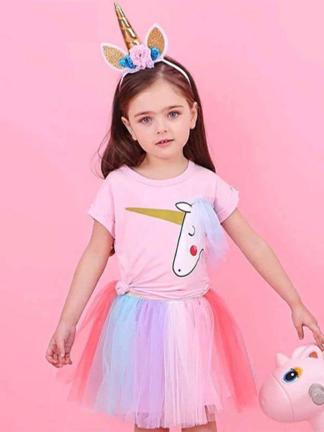 

Bold N Elegant Girls Printed T-shirt With Skirt, Pink