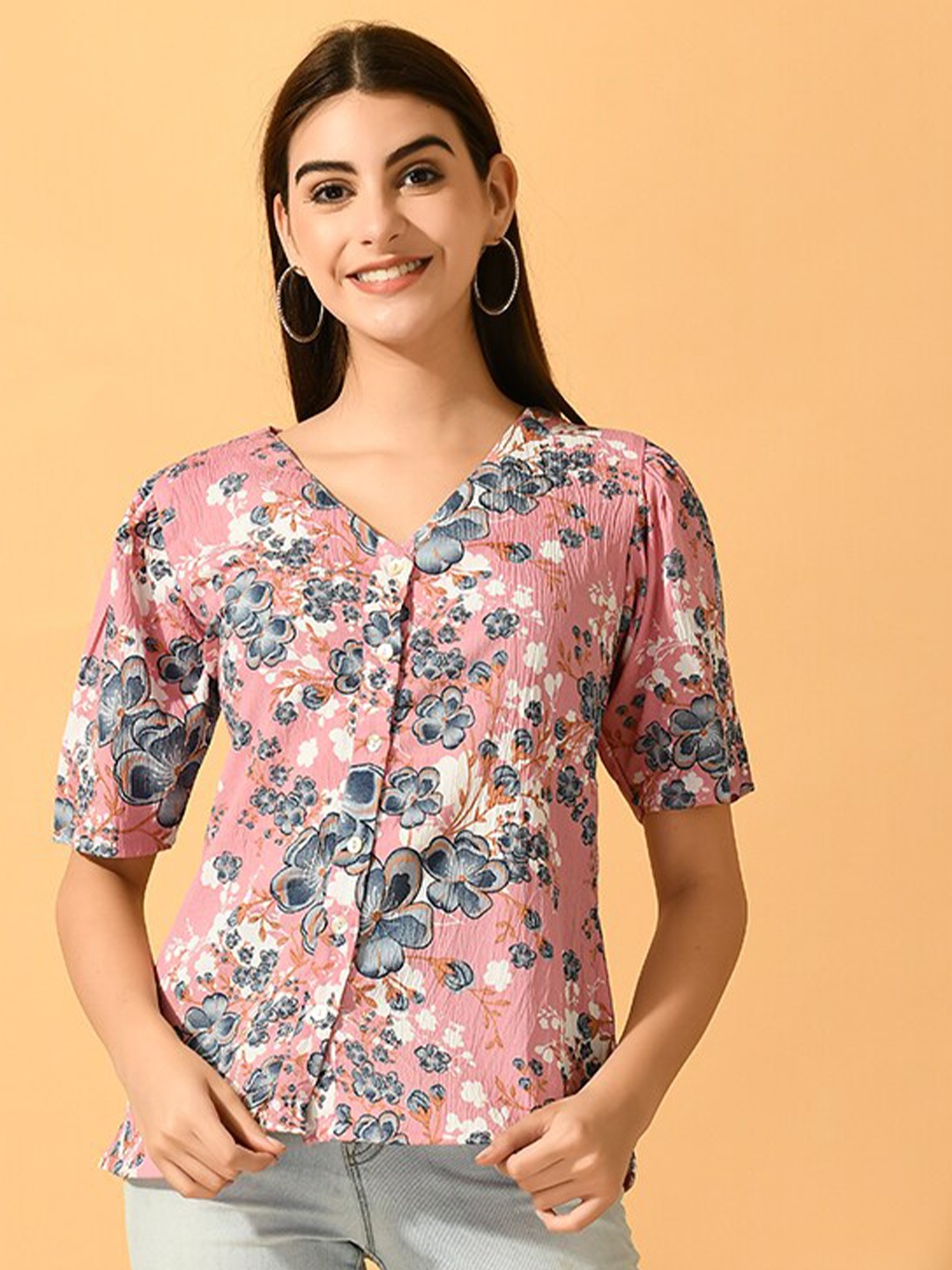 

Myshka Pink Floral Printed Shirt Style Top