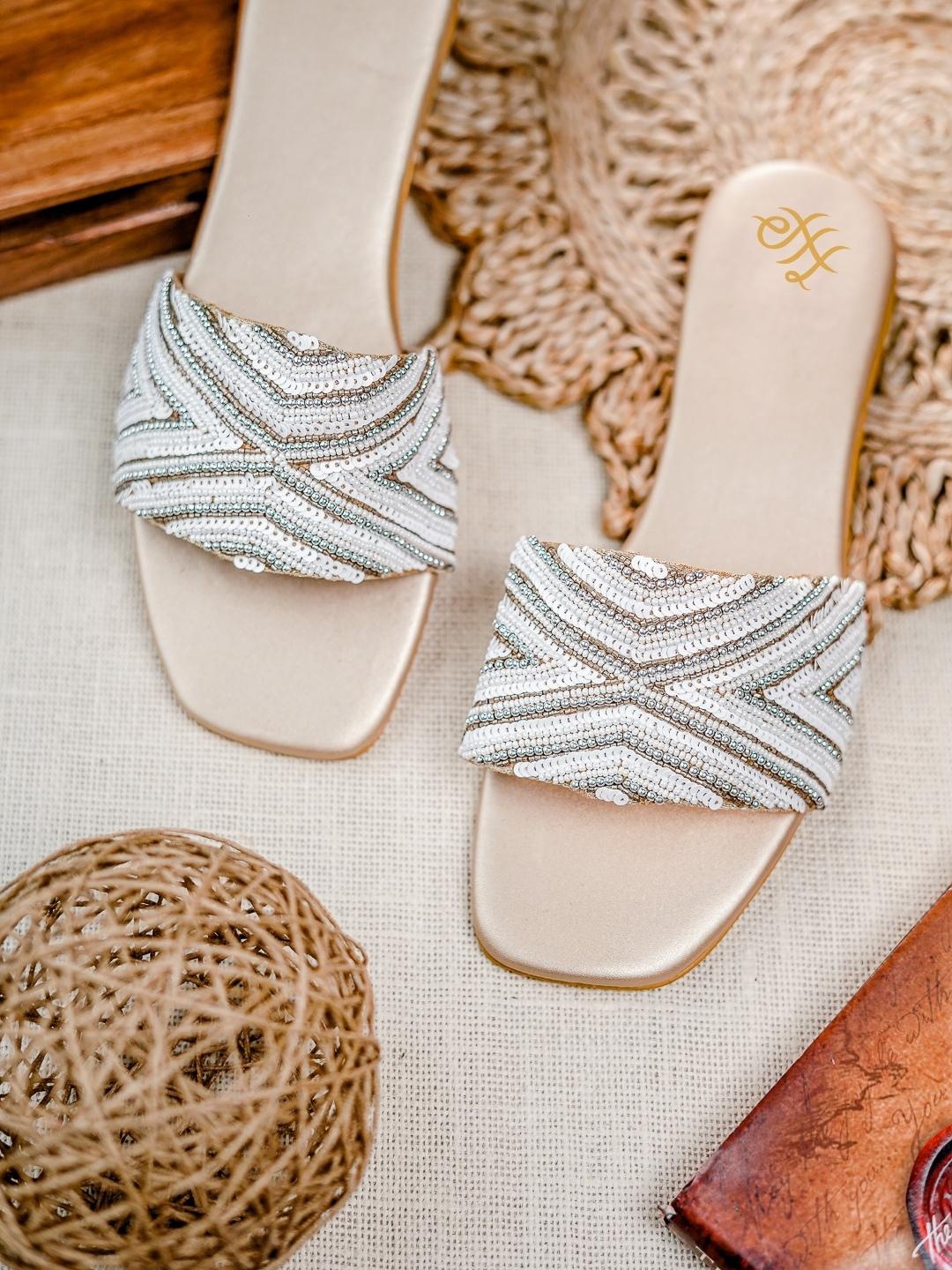 

House of Pataudi Embellished Open Toe Flats, White
