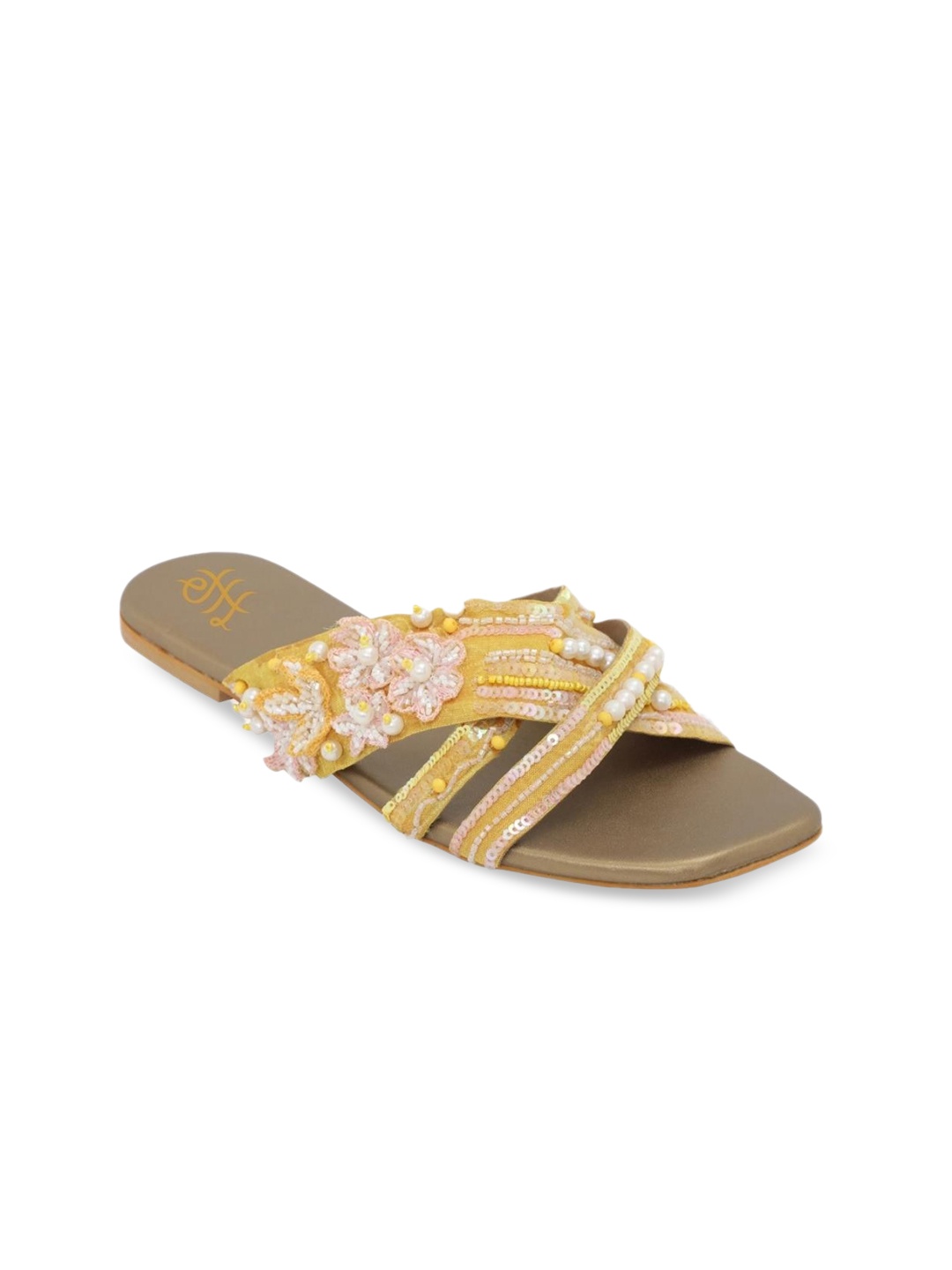 

House of Pataudi Embellished Open Toe Flats, Yellow