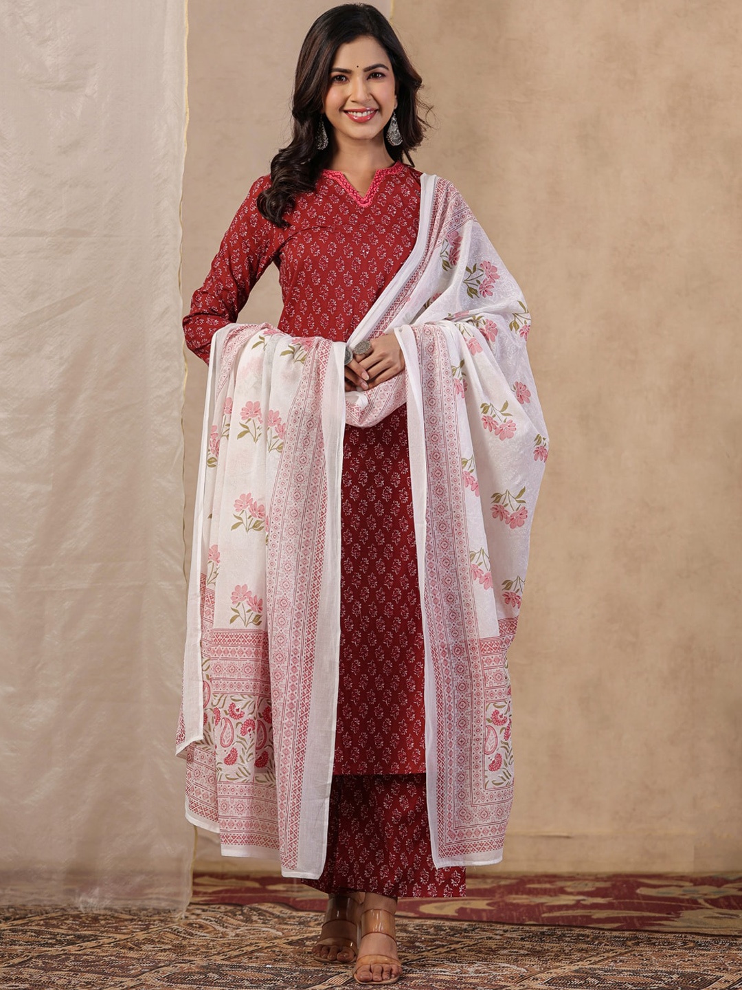 

RangDeep Ethnic Motifs Printed Pure Cotton Straight Kurta With Trousers & Dupatta, Maroon