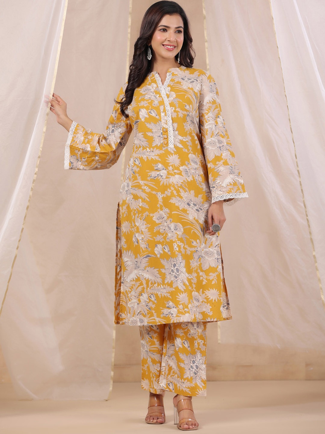 

RangDeep Floral Printed Pure Cotton Straight Kurta With Trousers, Mustard