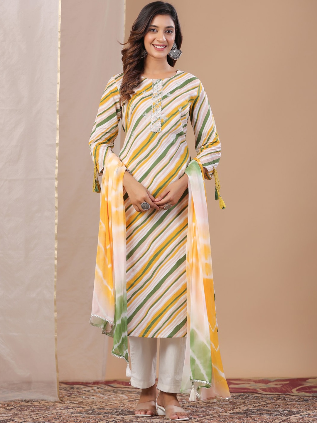 

RangDeep Leheriya Striped Gotta Patti Pure Cotton Straight Kurta With Trousers & Dupatta, Yellow