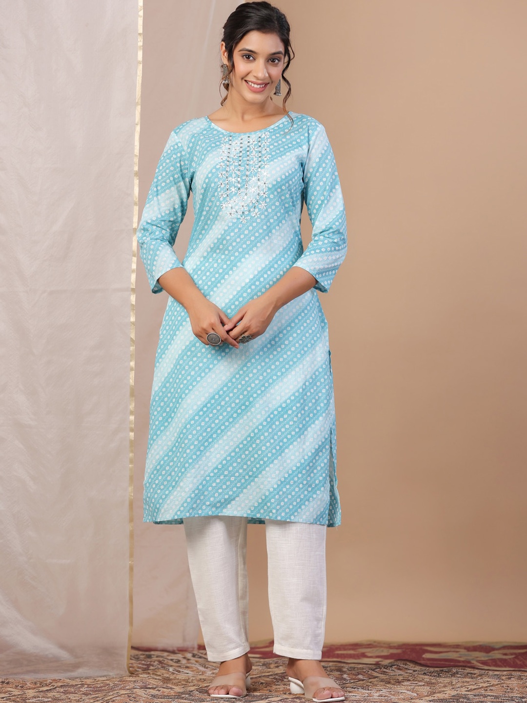 RangDeep Bandhani Printed Mirror Work Pure Cotton Straight Kurta, Blue
