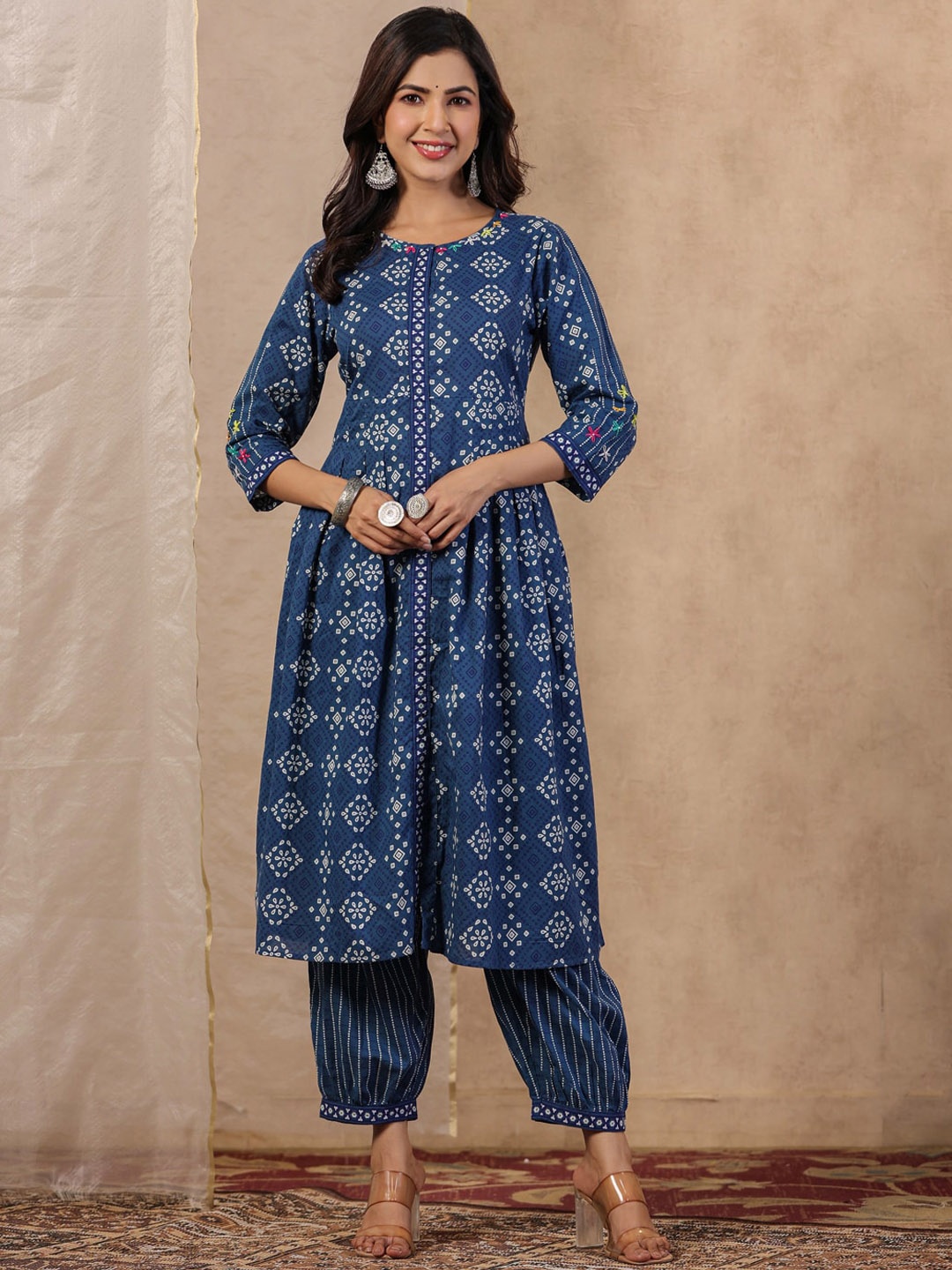 

RangDeep Ethnic Motifs Printed Thread Work Pure Cotton Anarkali Kurta With Harem Pants, Blue