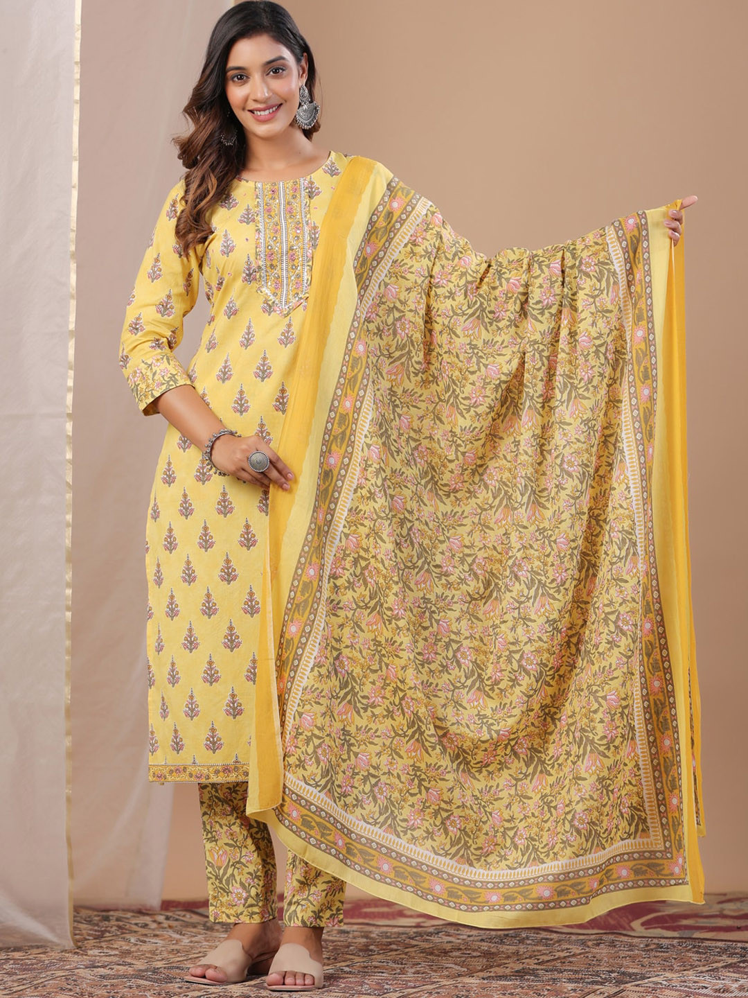 

RangDeep Ethnic Motifs Printed Gotta Patti Pure Cotton Kurta With Trousers & Dupatta, Yellow