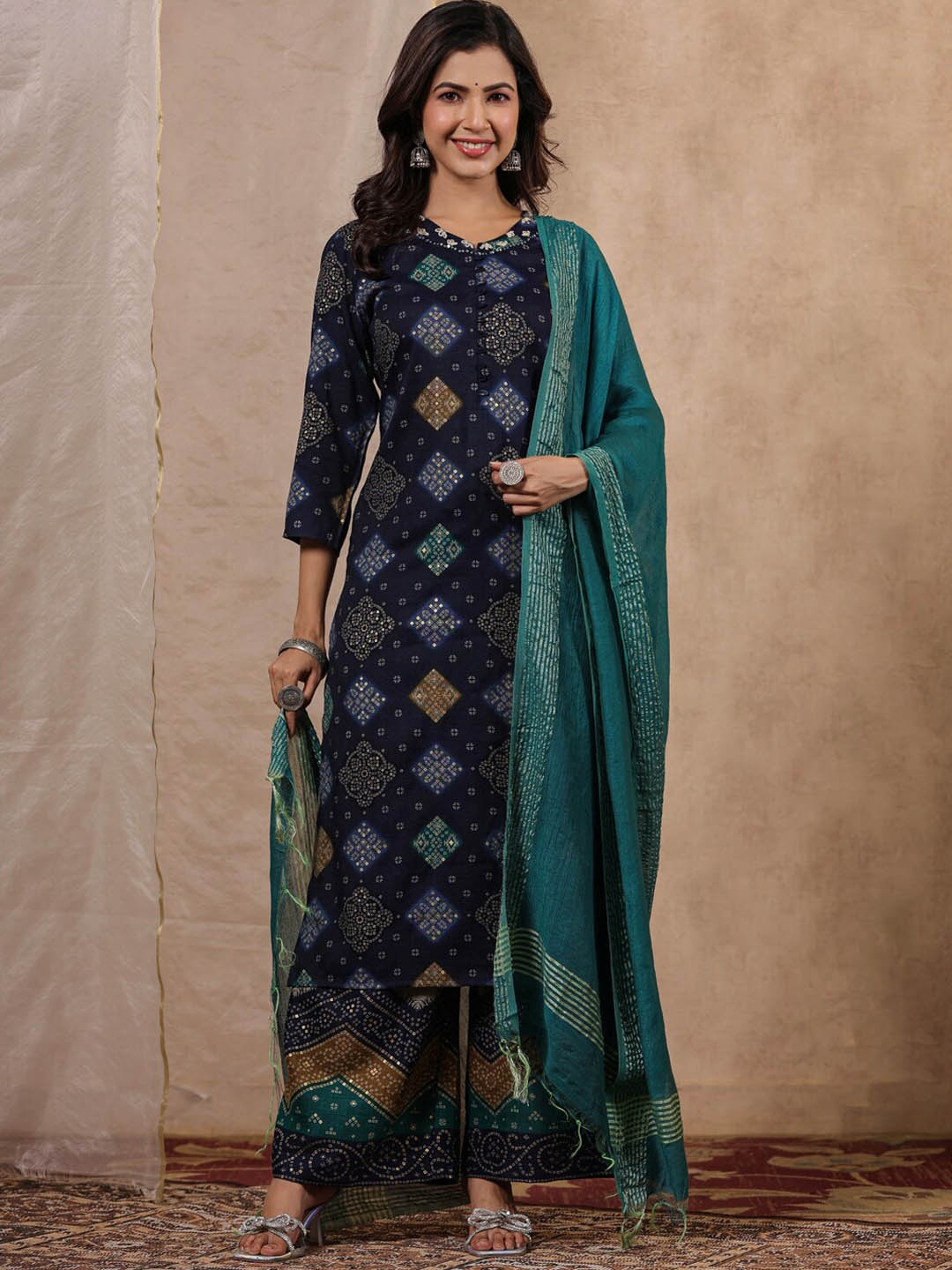 

RangDeep Ethnic Motifs Printed Sequinned Straight Kurta & Palazzos With Dupatta, Navy blue